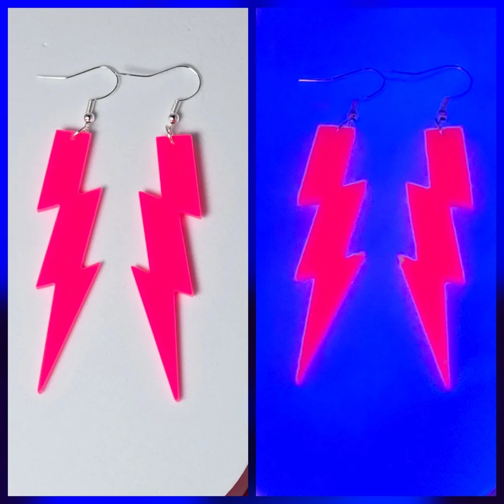 Neon Glow Rave Earrings Party Festival Dangle Lightning Bolt Blacklight 80s NWT